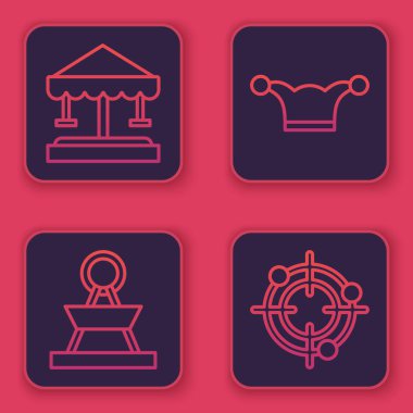 Cazibe Atlıkarınca, Cazibe Atlıkarınca, zilli Jester şapkası ve atış müsabakaları için hedef sporu. Mavi kare düğme. Vektör