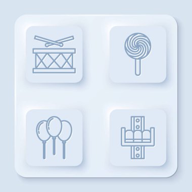 Davulları bagetlerle, lolipopla, kurdeleli balonlarla ve çekici atlıkarıncayla ayarla. Beyaz kare düğme. Vektör