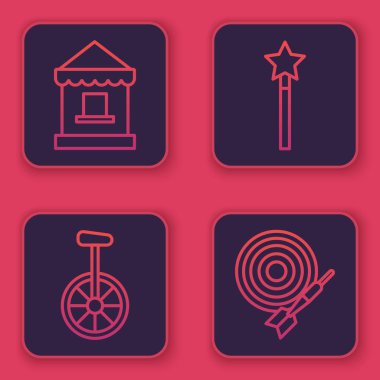 Bilet gişesi, tek tekerlekli bisiklet, sihirli değnek ve klasik dart tahtası ve ok. Mavi kare düğme. Vektör