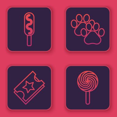 Corn dog, Ticket, Paw print ve Lolipop. Mavi kare düğme. Vektör
