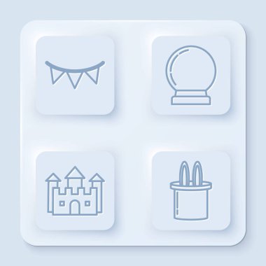 Bayraklı karnaval çelengi, sihirli top, Castle ve Sihirbaz şapkası ve tavşan kulaklı. Beyaz kare düğme. Vektör