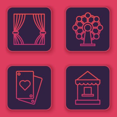 Perde, iskambil kağıdı, dönme dolap ve bilet gişesi ayarla. Mavi kare düğme. Vektör