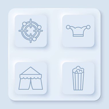 Atış müsabakaları için çizgi oluşturun, Jester şapkası, çanlar, sirk çadırı ve karton kutuda patlamış mısır. Beyaz kare düğme. Vektör