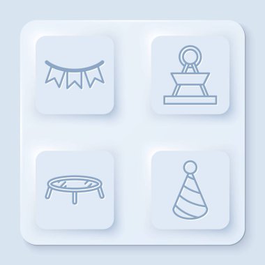 Bayraklı karnaval çelengi, atlıkarınca, trambolin ve parti şapkası. Beyaz kare düğme. Vektör