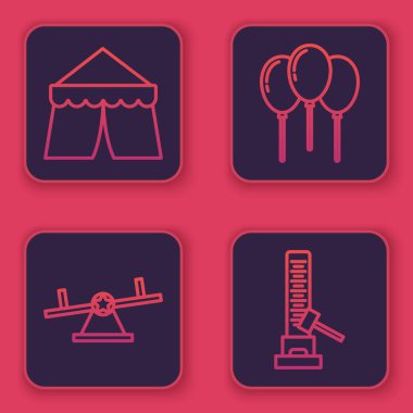 Sirk çadırı, tahterevalli, kurdeleli balonlar ve büyük çekiçli High Striker cazibesi. Mavi kare düğme. Vektör