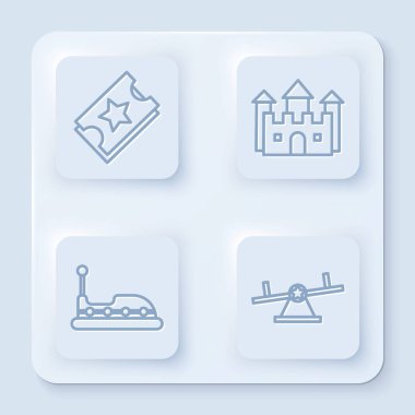 Bilet, Castle, Çarpışan araba ve Tahterevalli 'yi ayarla. Beyaz kare düğme. Vektör