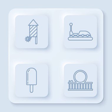 Havai fişek roketi, çarpışan araba, dondurma ve lunapark treni. Beyaz kare düğme. Vektör