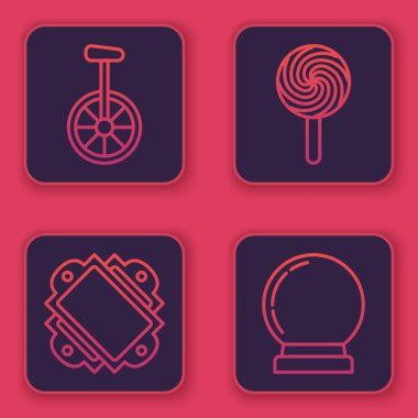 Tek tekerlekli bisiklet, bisiklet, bilet, lolipop ve sihirli top. Mavi kare düğme. Vektör