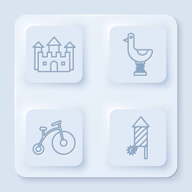 Set hattı Castle, Binici çocuk ördek, tek tekerli klasik bisiklet ve küçük bir havai fişek roketi. Beyaz kare düğme. Vektör