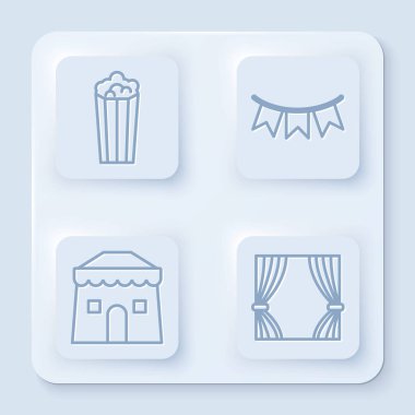 Karton kutuda patlamış mısır, bayraklı karnaval çelengi, sirk çadırı ve perde. Beyaz kare düğme. Vektör