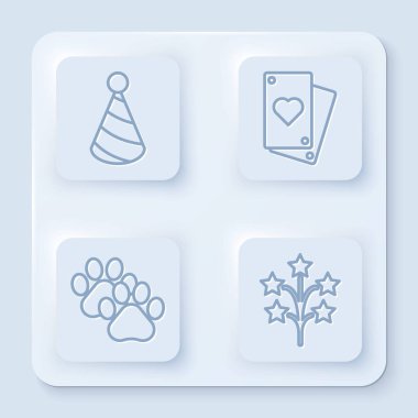 Parti şapkası, iskambil kartı, pati izi ve havai fişek. Beyaz kare düğme. Vektör