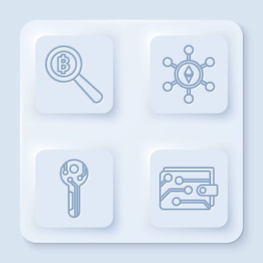 Çizgi büyüteçle Bitcoin, Blokchain teknolojisi Ethereum Eth, Kripto para birimi anahtarı ve Kripto para cüzdanı. Beyaz kare düğme. Vektör