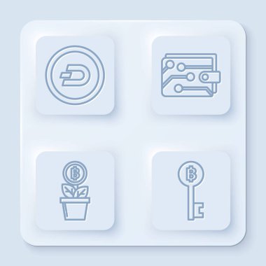 Kripto para birimi Dash, Kripto para cüzdanı, Bitcoin fabrikası ve Kripto para birimi Bitcoin anahtarı. Beyaz kare düğme. Vektör