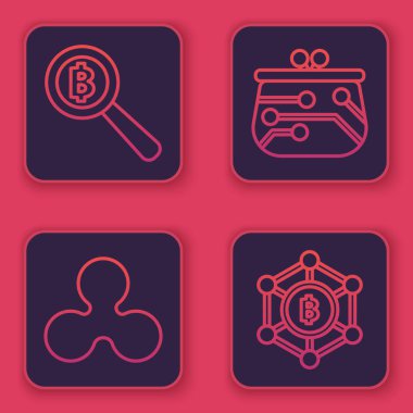 Bitcoin, Kripto para, Ripple Xrp, Kripto para cüzdanı ve Blockchain teknolojisi Bitcoin ile hat büyüteç ayarla. Mavi kare düğme. Vektör