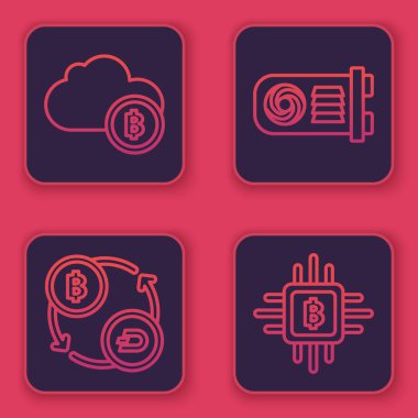 Kripto para birimi bulut madenciliği, kripto para değişimi, madencilik çiftliği ve Cpu madencilik çiftliği. Mavi kare düğme. Vektör