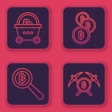 Bitcoin 'li alışveriş sepeti, Bitcoin' li büyüteç, Bitcoin 'li kripto para Bitcoin ve çapraz kazma. Mavi kare düğme. Vektör