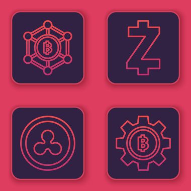 Satır Blockchain teknolojisi Bitcoin, Kripto para dalgası Xrp, Kripto para birimi Zcash Zec ve Kripto para birimi Bitcoin. Mavi kare düğme. Vektör