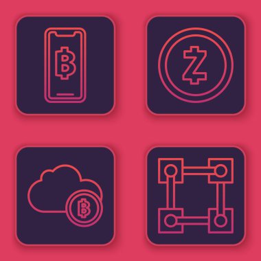 Telefon ve kripto para birimi Bitcoin, Kripto para bulut madenciliği, Kripto para birimi Zcash Zec ve Blockchain teknolojisini ayarla. Mavi kare düğme. Vektör