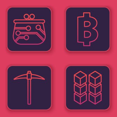 Satır kodu Kripto para cüzdanı, Kazma, Kripto para Bitcoin ve Blockchain teknolojisi. Mavi kare düğme. Vektör