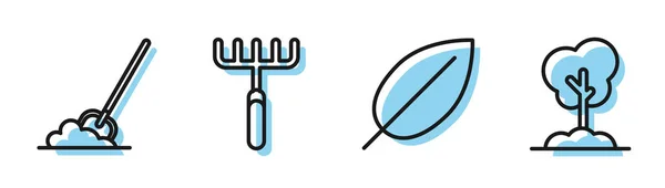 Set line Leaf, Shovel in the ground, Garden rake and Tree in the ground icon. Vector — Stock Vector