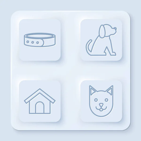 Set line Collar with name tag, Dog, Dog house and Cat. White square button. Vector — Stock Vector