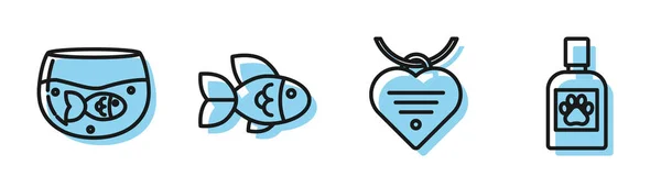 Set line Collar con etiqueta con nombre y corazón, Acuario con peces, Fish and Dog icono de la botella de medicina. Vector — Vector de stock