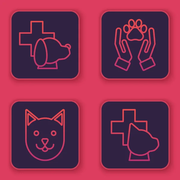Set line Símbolo de clínica veterinaria, Gato, Manos con huella animal y Símbolo de clínica veterinaria. Botón cuadrado azul. Vector — Archivo Imágenes Vectoriales