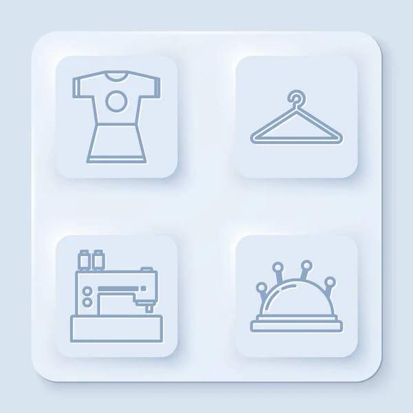 Set line Женское платье, вешалка шкаф, швейная машина и игла кровать и иглы. Белая квадратная кнопка Вектор — стоковый вектор