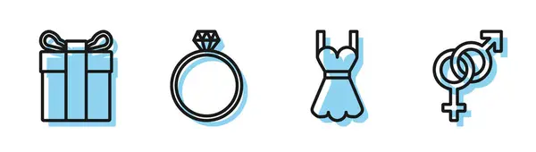 Set line Женское платье, подарочная коробка, бриллиантовое обручальное кольцо и икона пола. Вектор — стоковый вектор