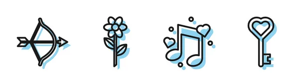 Set line Music note, tone with hearts, Bow and arrow, Flower and Key in heart shape icon. Vector — Stock Vector