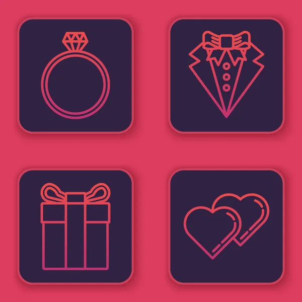 Set line Anillo de compromiso de diamante, caja de regalo, traje y dos corazones vinculados. Botón cuadrado azul. Vector — Vector de stock