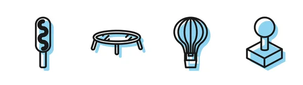 Set line Ballon à air chaud, chien de maïs, trampoline sautant et joystick pour icône de la machine d'arcade. Vecteur — Image vectorielle