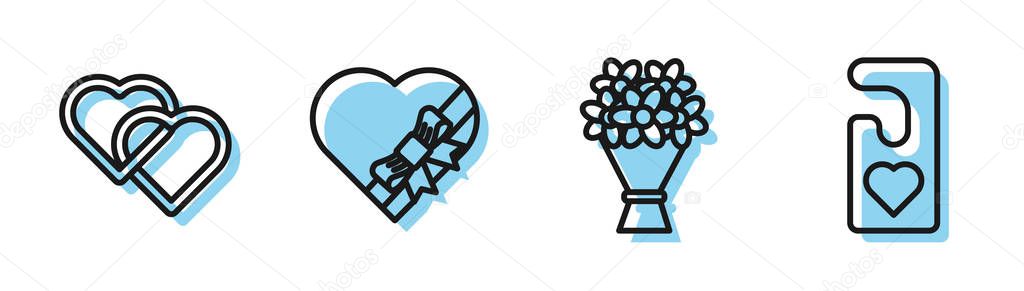 Set line Bouquet of flowers, Two Linked Hearts, Candy in heart shaped box and bow and Please do not disturb with heart icon. Vector