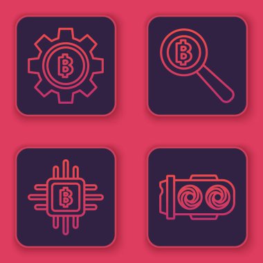 Kripto para Bitcoin, Cpu madencilik çiftliği Bitcoin ve Madencilik çiftliğinde büyüteç. Mavi kare düğme. Vektör