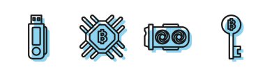 Set hattı madencilik, Usb flash diski, Cpu madencilik çiftliği ve Kripto para birimi Bitcoin anahtar simgesi. Vektör