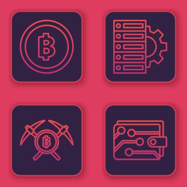 Şifreli para Bitcoin, çapraz kazma, sunucu, dişli ve kripto para cüzdanı. Mavi kare düğme. Vektör
