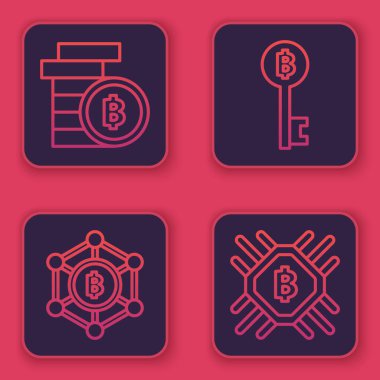 Kripto para Bitcoin, Engelleme teknolojisi Bitcoin, Kripto para birimi Bitcoin anahtarı ve Cpu madencilik çiftliği. Mavi kare düğme. Vektör