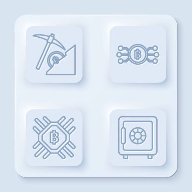 Kripto para birimi bulut madenciliği, Kripto para birimini mikroçip devresi, Cpu madencilik çiftliği ve kasa ile daire içine al. Beyaz kare düğme. Vektör