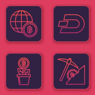 Hat Küre ve kripto para Bitcoin, Bitcoin fabrikası, Kripto para birimi Dash ve Kripto para bulut madenciliği. Mavi kare düğme. Vektör