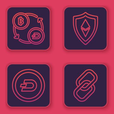 Kripto para değişimi, Kripto para birimi Dash, Ethereum Eth ve Chain bağlantısını ayarla. Mavi kare düğme. Vektör