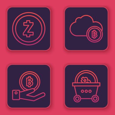 Kripto para birimi Zcash Zec, Bitcoin 'i tutan El, Kripto para birimi bulut madenciliği ve bitcoin ile alışveriş sepeti ayarla. Mavi kare düğme. Vektör