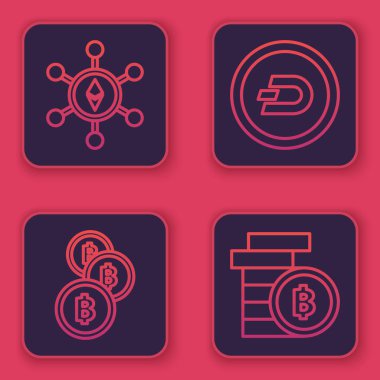 Hat Blockchain teknolojisi Ethereum Eth, Cryptocoin Bitcoin, Cryptocurrency coin Dash ve Crypto coin Bitcoin. Mavi kare düğme. Vektör