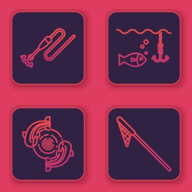 Olta ve kancayla olta at, Balık, balık oltası balık ve balık ağıyla suyun altında olta at. Mavi kare düğme. Vektör