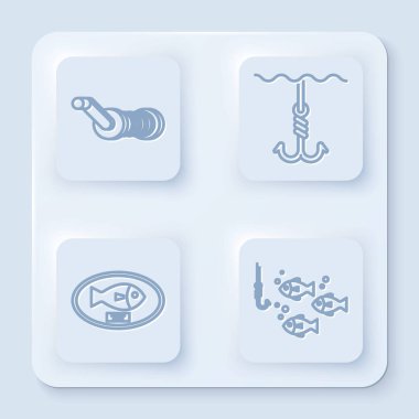 Olta makarası, balık oltası, balık oltası tahtaya asılı balık kupası ve balık oltası. Beyaz kare düğme. Vektör