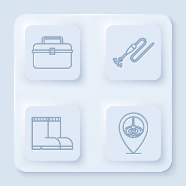 Hat kabı ya da kutu kutusu, sallanan balık tutma ekipmanları, olta ve yüzen olta, balıkçı botları ve konum balıkçılığı. Beyaz kare düğme. Vektör