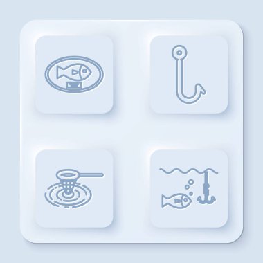 Tahtaya olta iğnesi, oltaya balık ağı, suya balık ağı ve balık oltası koyun. Beyaz kare düğme. Vektör