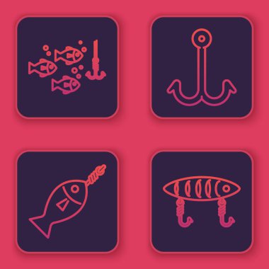 Oltaya balık oltası takın, oltaya balık takın, oltaya balık takın ve balık yemi takın. Mavi kare düğme. Vektör