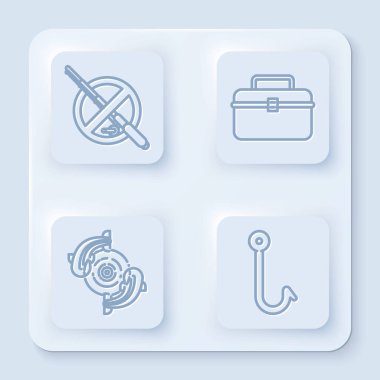 Olta atmak yok. Balık, çanta ya da konteynır yok. Balıkçılık ekipmanları, olta ve olta için. Beyaz kare düğme. Vektör