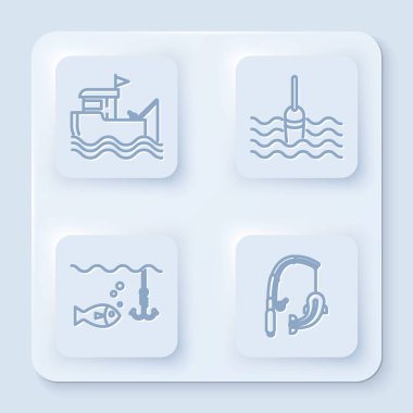 Balıkçı oltasıyla suya halat döşemek, suda yüzmek, balık oltası ve balık oltası ile su altında olta atmak. Beyaz kare düğme. Vektör