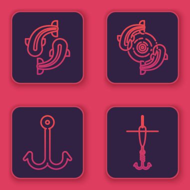 Olta, olta, olta, olta ve balık oltası. Mavi kare düğme. Vektör